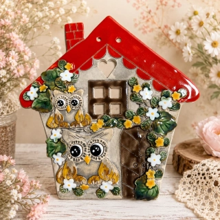 🏡🦉 Keramický domeček se sovičkami k zavěšení 🌼