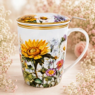 🌻☕ Velký hrnek se sítkem a víčkem – Sunflower Harmony, 600 ml ☕🌻