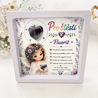 Dárkový rámeček Pro štěstí s minerálním srdíčkem – Fluorit – mix dárkových kartiček 💜