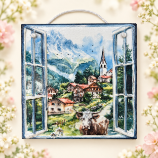 🏔️🐄 Keramická dlaždice zdobená technikou Decoupage 3D 🐄🏔️