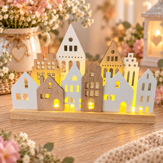 🏠✨ Dekorativní dřevěné městečko s LED osvětlením ✨🏠