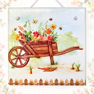 🌼🐝 Keramická dlaždice – Trakař plný květin 🦋🌿