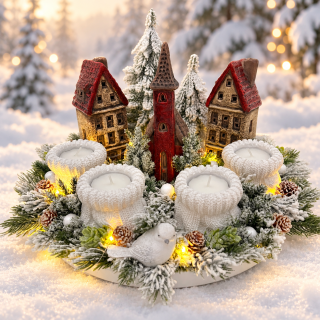 🎄🏘️ Adventní věnec s keramickými domečky a LED osvětlením ✨