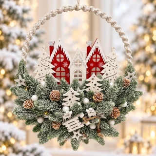 🏡❄️ Závěsná zimní dekorace s červenými domečky a LED osvětlením
